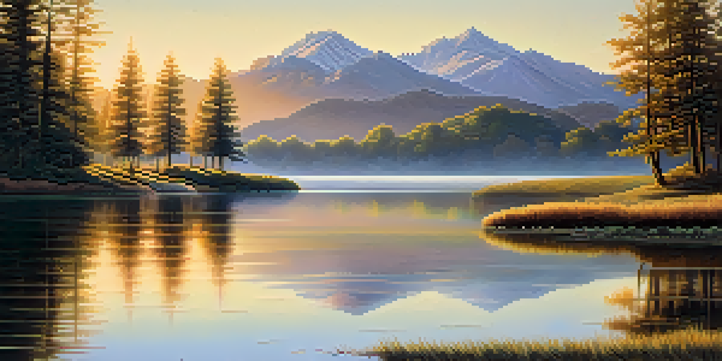 A calm lake reflecting mountains at sunrise, with gentle ripples and lush greenery around.
