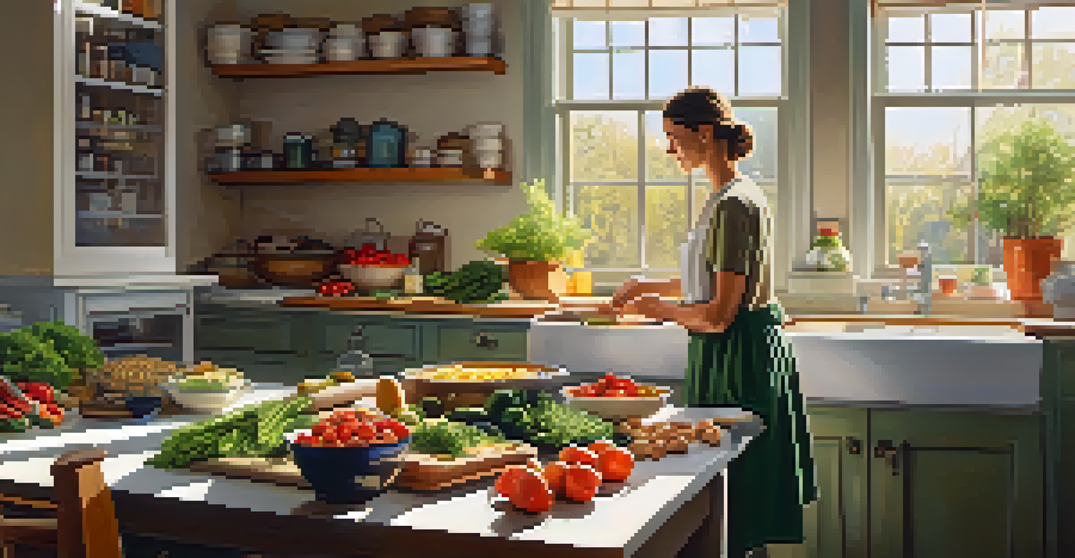 A person preparing a healthy meal in a bright kitchen, surrounded by fresh vegetables and whole grains.
