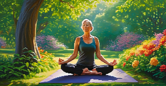 A middle-aged woman practicing yoga in a lush park, surrounded by greenery and colorful flowers, with sunlight filtering through the trees.
