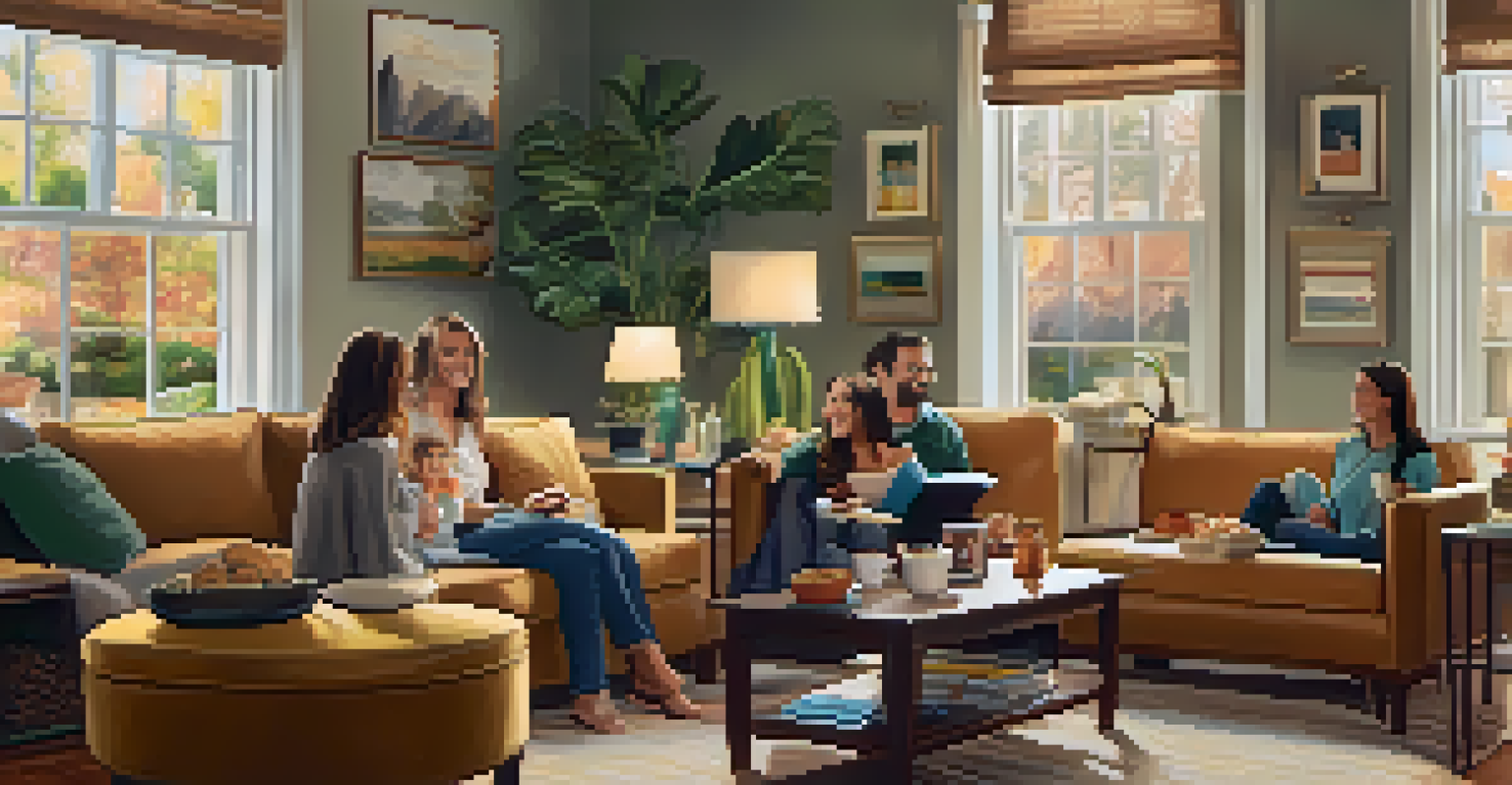 A warm and inviting living room where friends express gratitude to each other, with personal decor and soft lighting.