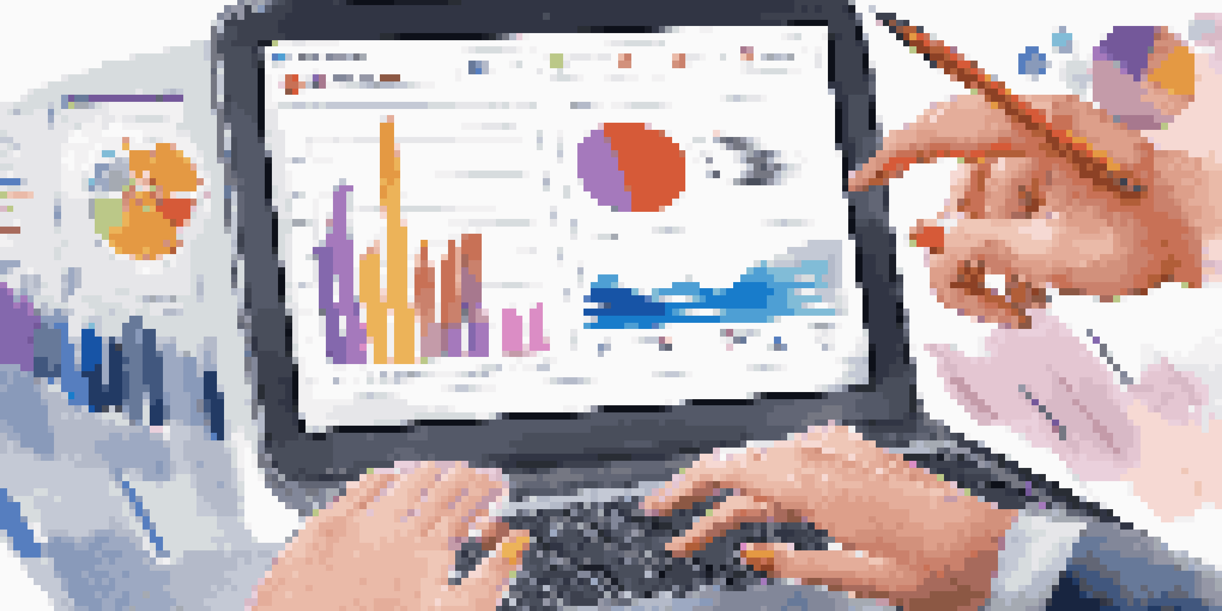 Close-up of diverse employees' hands working on laptops and tablets, showcasing a digital project management interface with colorful graphs.