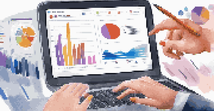 Close-up of diverse employees' hands working on laptops and tablets, showcasing a digital project management interface with colorful graphs.