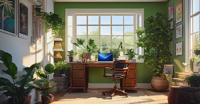 A bright and inviting home office setup with a desk, ergonomic chair, plants, and artwork, illuminated by sunlight.
