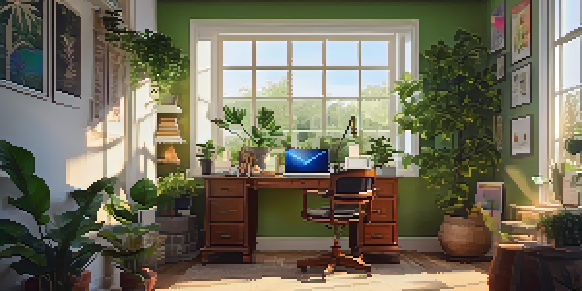 A bright and inviting home office setup with a desk, ergonomic chair, plants, and artwork, illuminated by sunlight.