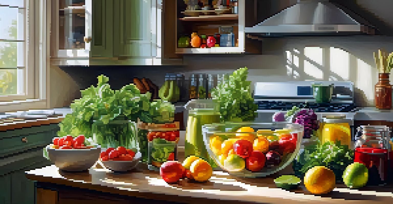 A vibrant kitchen with fresh fruits and vegetables on a wooden countertop, with sunlight illuminating a bowl of colorful salad and a glass of infused water.