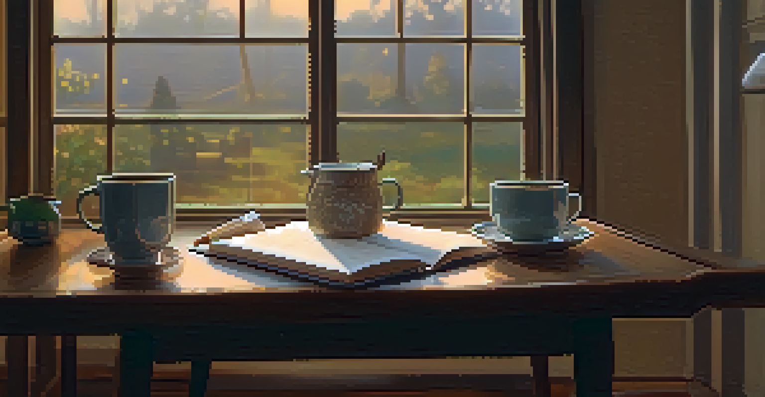 A cozy indoor scene with two cups of tea on a table, a notepad, and soft lighting, suggesting an intimate conversation.