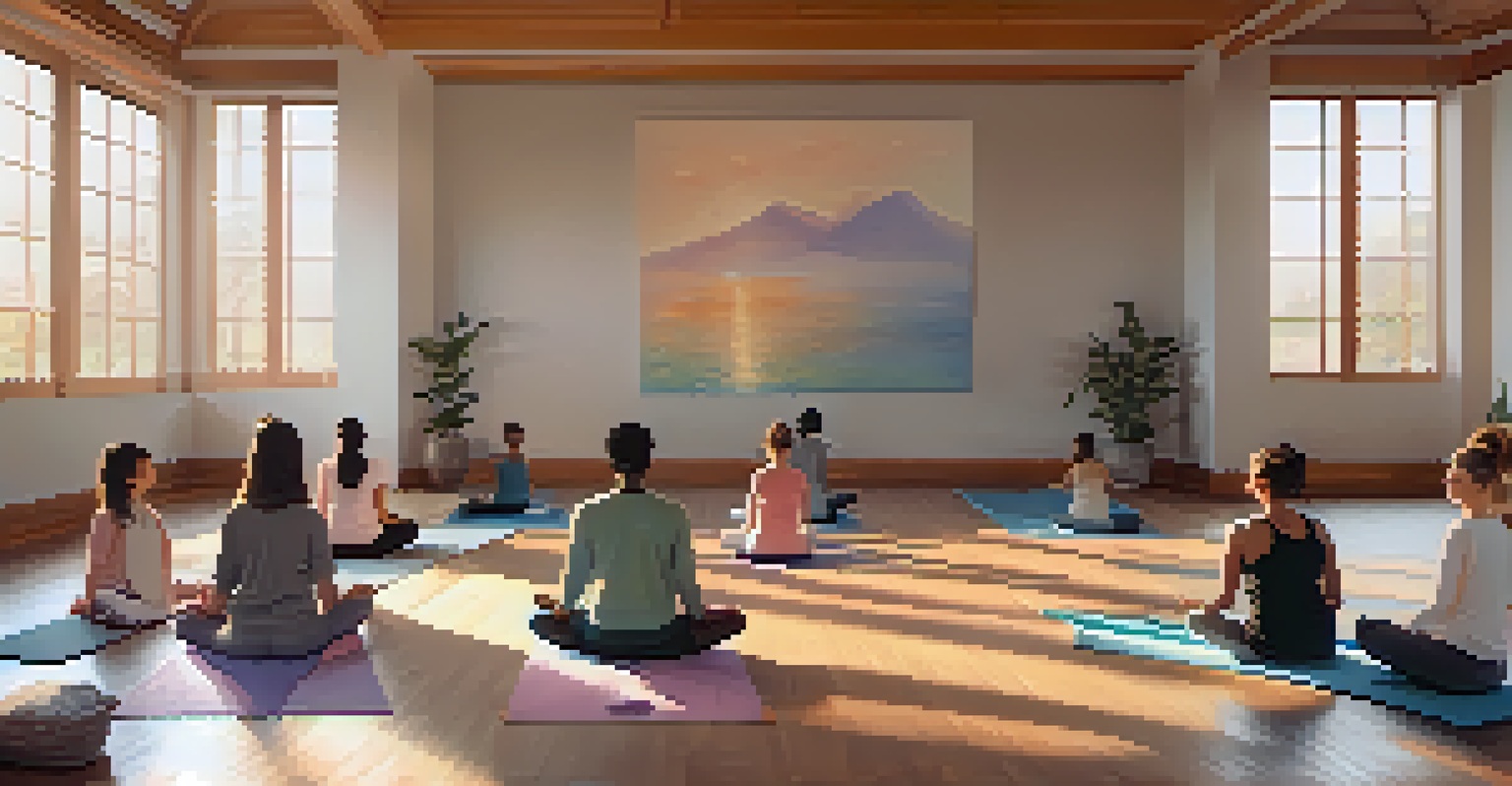 Participants in a restorative yoga class practicing calming poses in a softly lit room.