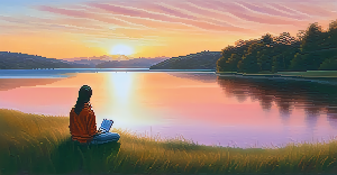 A person sitting on a grassy hill at sunset, with a closed laptop beside them, gazing over a calm lake reflecting the warm colors of the sky.