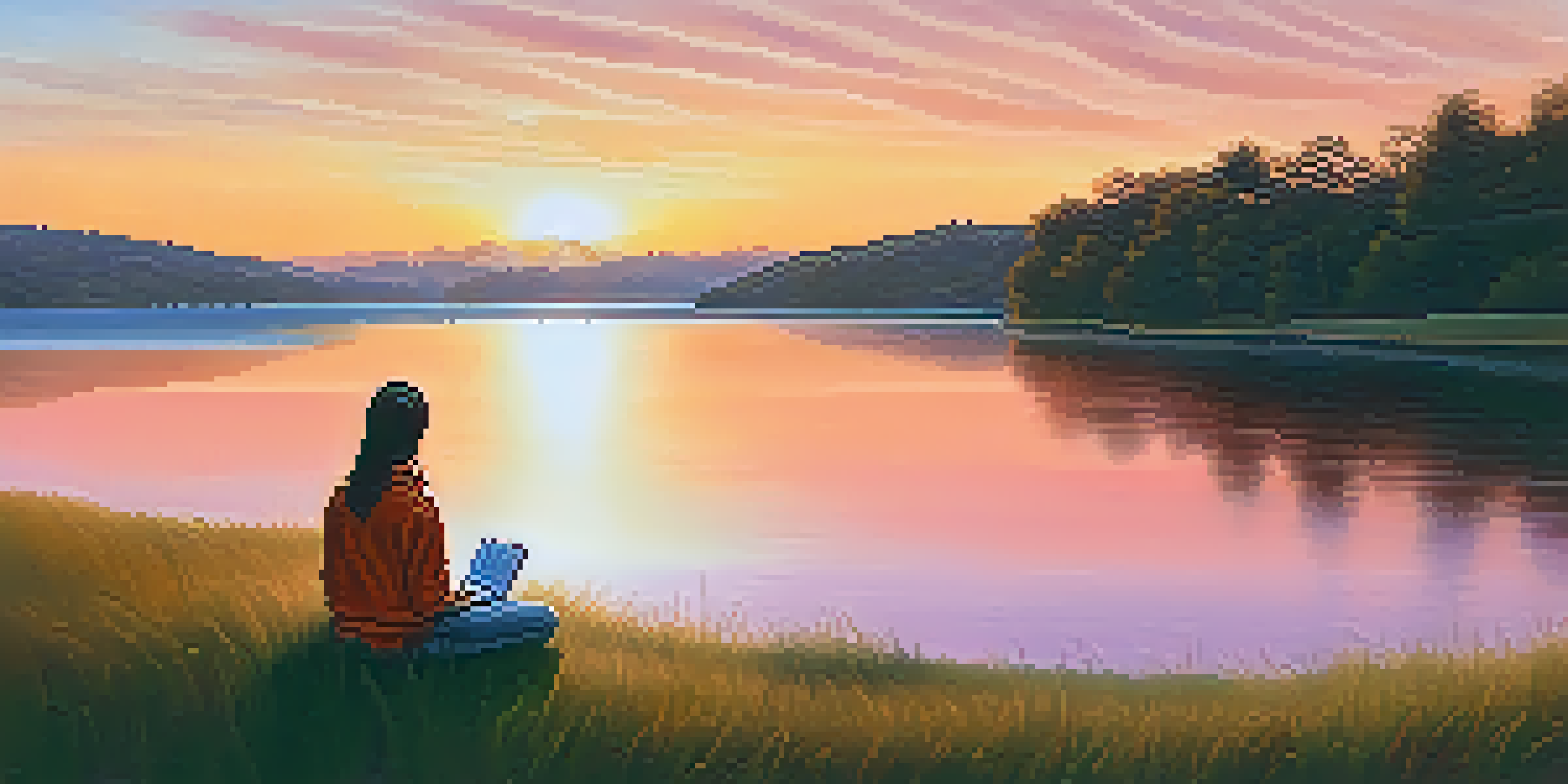A person sitting on a grassy hill at sunset, with a closed laptop beside them, gazing over a calm lake reflecting the warm colors of the sky.