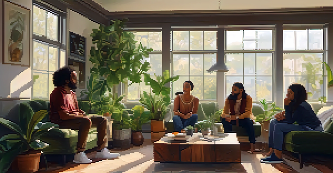 A diverse group of people in a cozy room engaged in a supportive discussion, surrounded by plants and soft cushions.