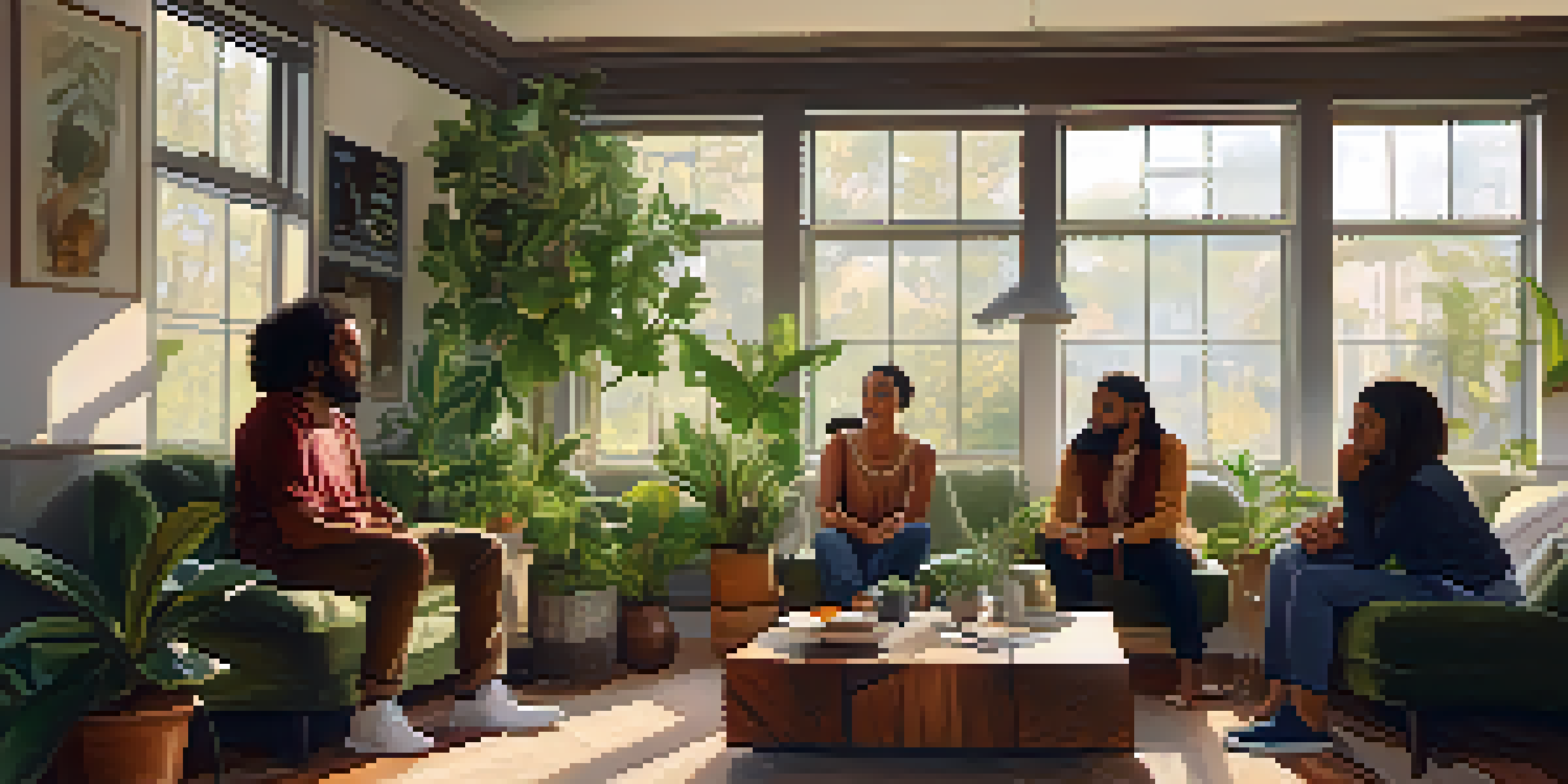 A diverse group of people in a cozy room engaged in a supportive discussion, surrounded by plants and soft cushions.