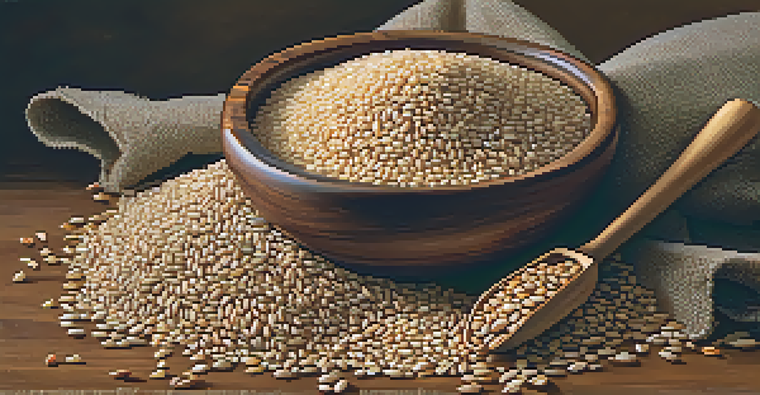A bowl of whole grains and legumes, including quinoa and lentils, with a wooden spoon beside it.