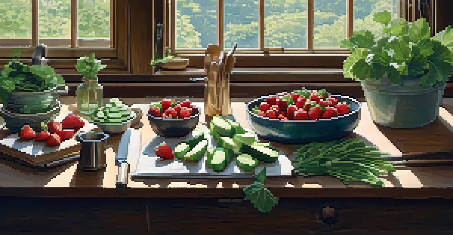 A top-down view of a kitchen table with fresh fruits and vegetables, cooking utensils, and a cookbook, illuminated by natural light.