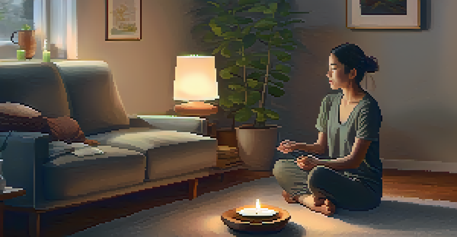 A person meditating in a cozy living room surrounded by candles and soft lighting.