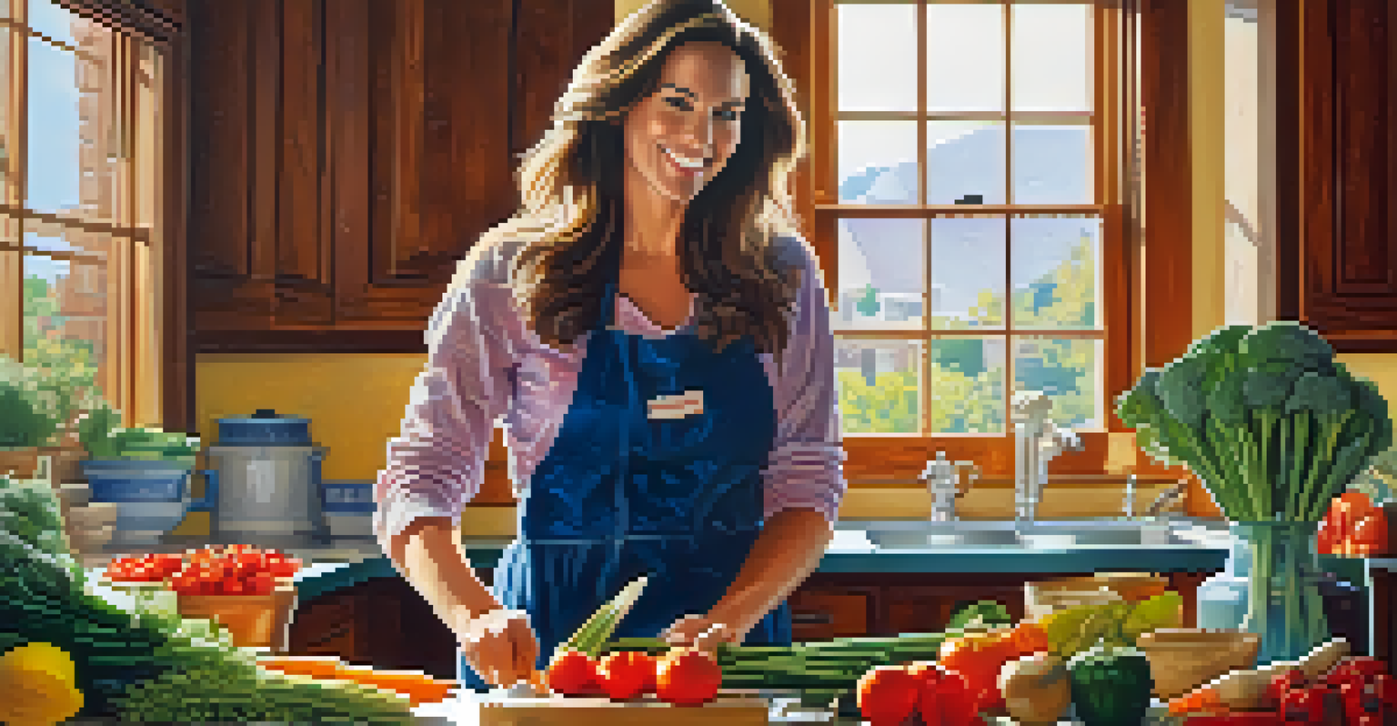 A woman in a bright kitchen preparing a healthy meal with fresh fruits and vegetables on the countertop.