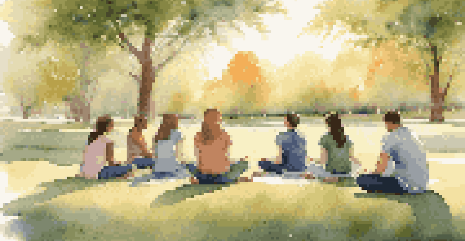 Students meditating in a circle on the grass in a tranquil outdoor environment, with soft golden light surrounding them.