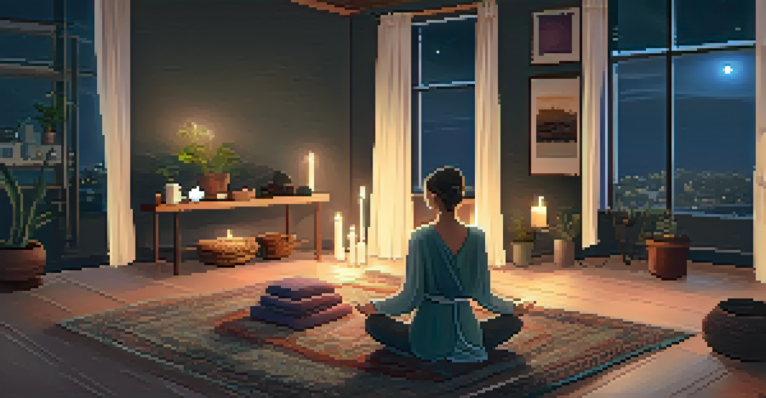 A person meditating on a rug in a softly lit room with candles and essential oils, promoting relaxation.