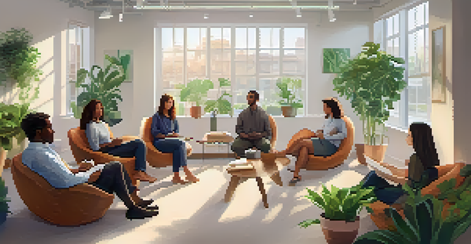 A mindfulness workshop in a bright office with employees sitting in a circle on cushions, surrounded by plants and natural light.