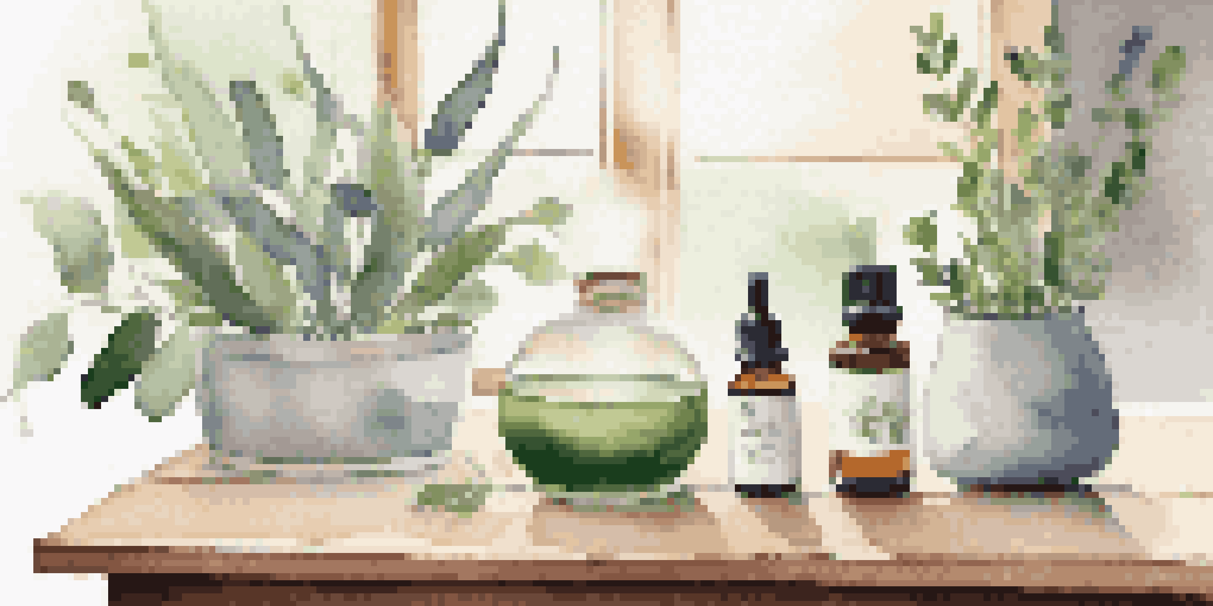 A cozy room featuring a diffuser emitting mist, surrounded by essential oil bottles and green plants.