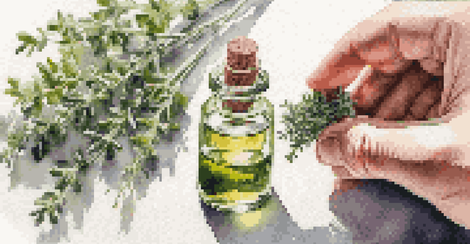 A hand holding a dropper bottle of essential oil with fresh herbs in the background.