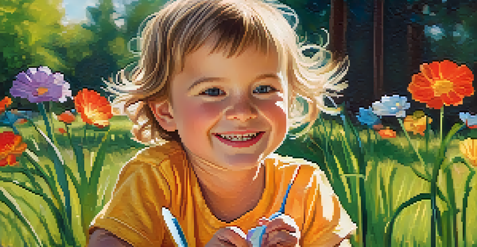 A happy child showing off their healthy teeth while holding a toothbrush in a park filled with flowers.