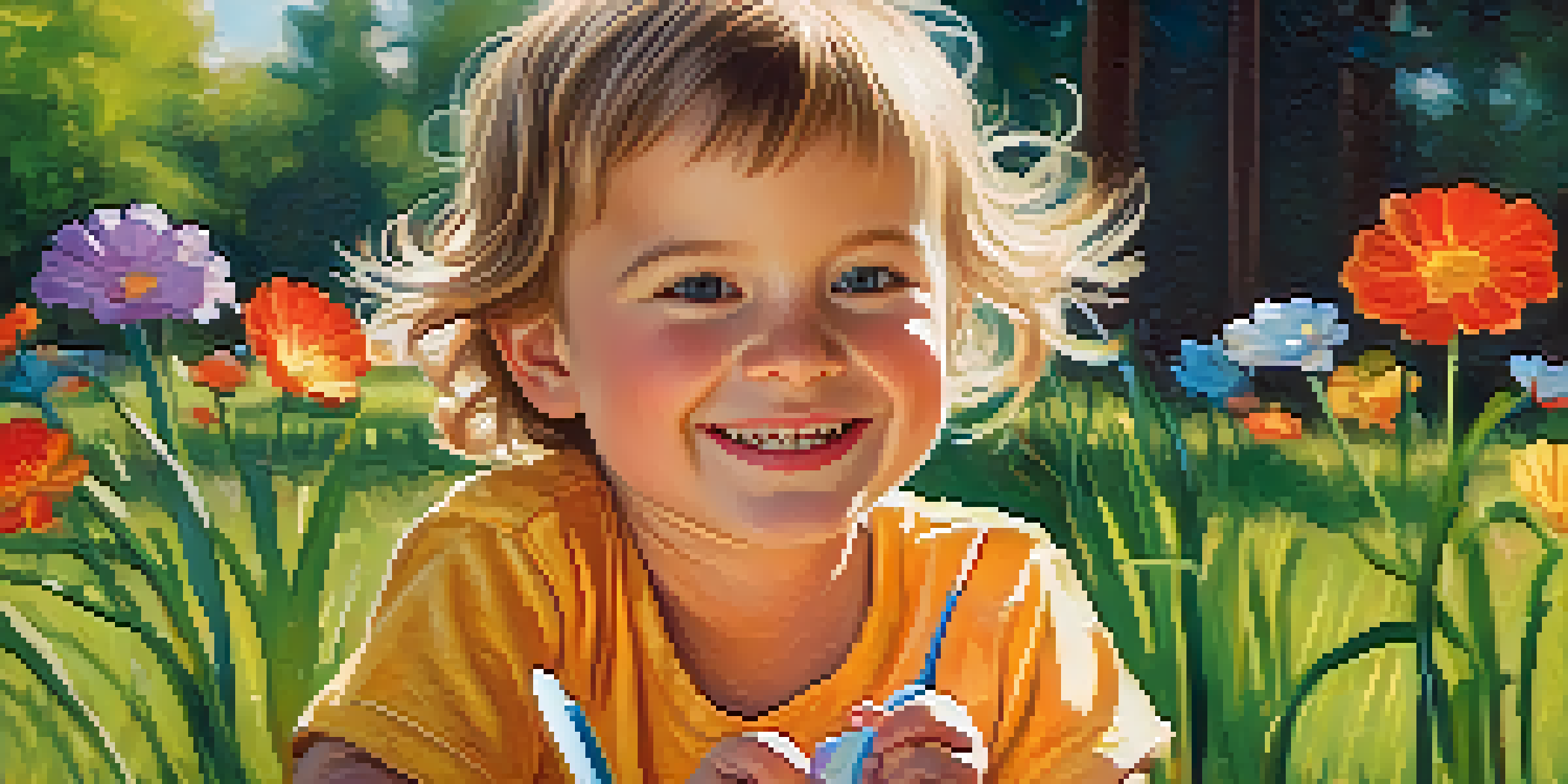 A happy child showing off their healthy teeth while holding a toothbrush in a park filled with flowers.