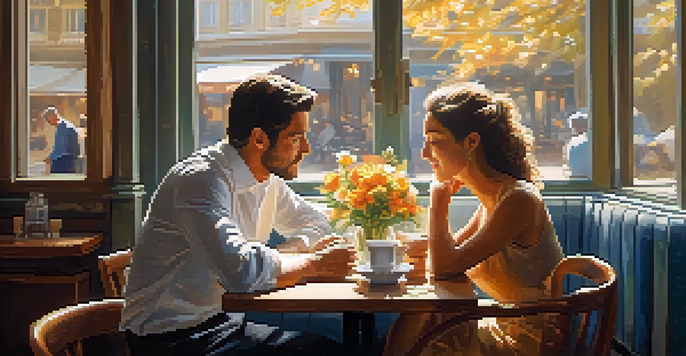 A couple sitting at a café, enjoying coffee and having a deep conversation, with sunlight streaming in.