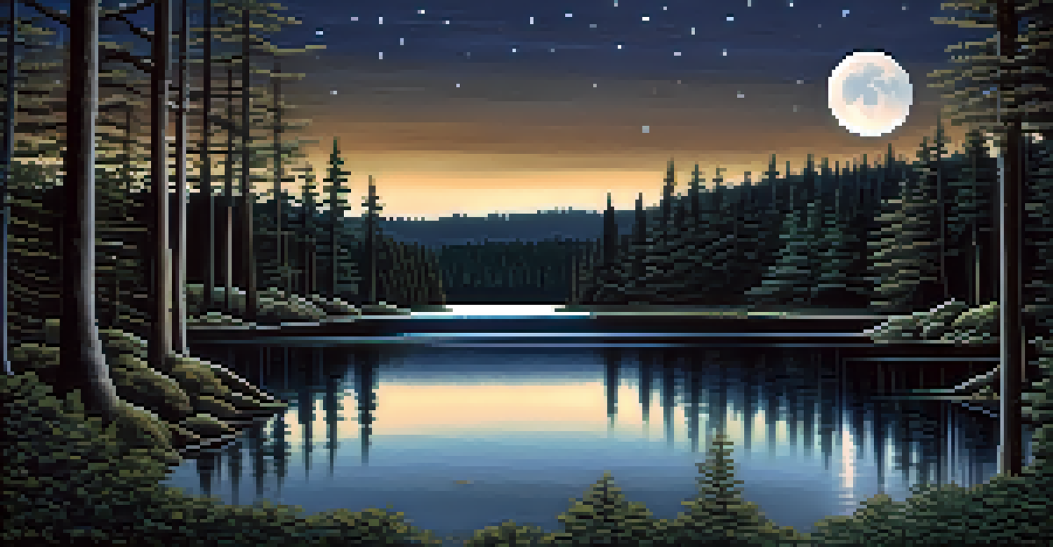 A tranquil nighttime landscape featuring a full moon over a quiet forest with a starry sky and shimmering lake.