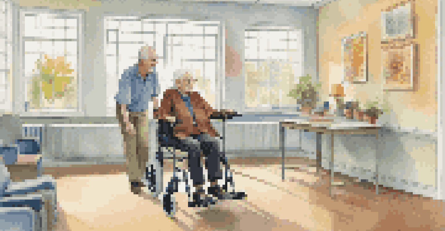 An occupational therapist showing an elderly man how to use a walker in a bright therapy room.