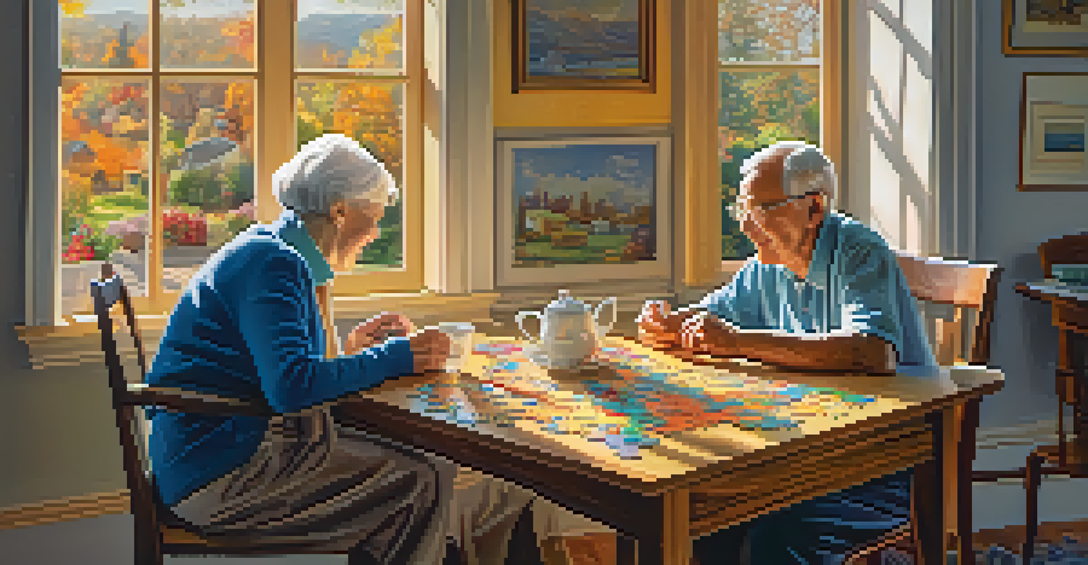 An elderly couple enjoying a conversation over a puzzle on a wooden table, with warm light streaming through a window.