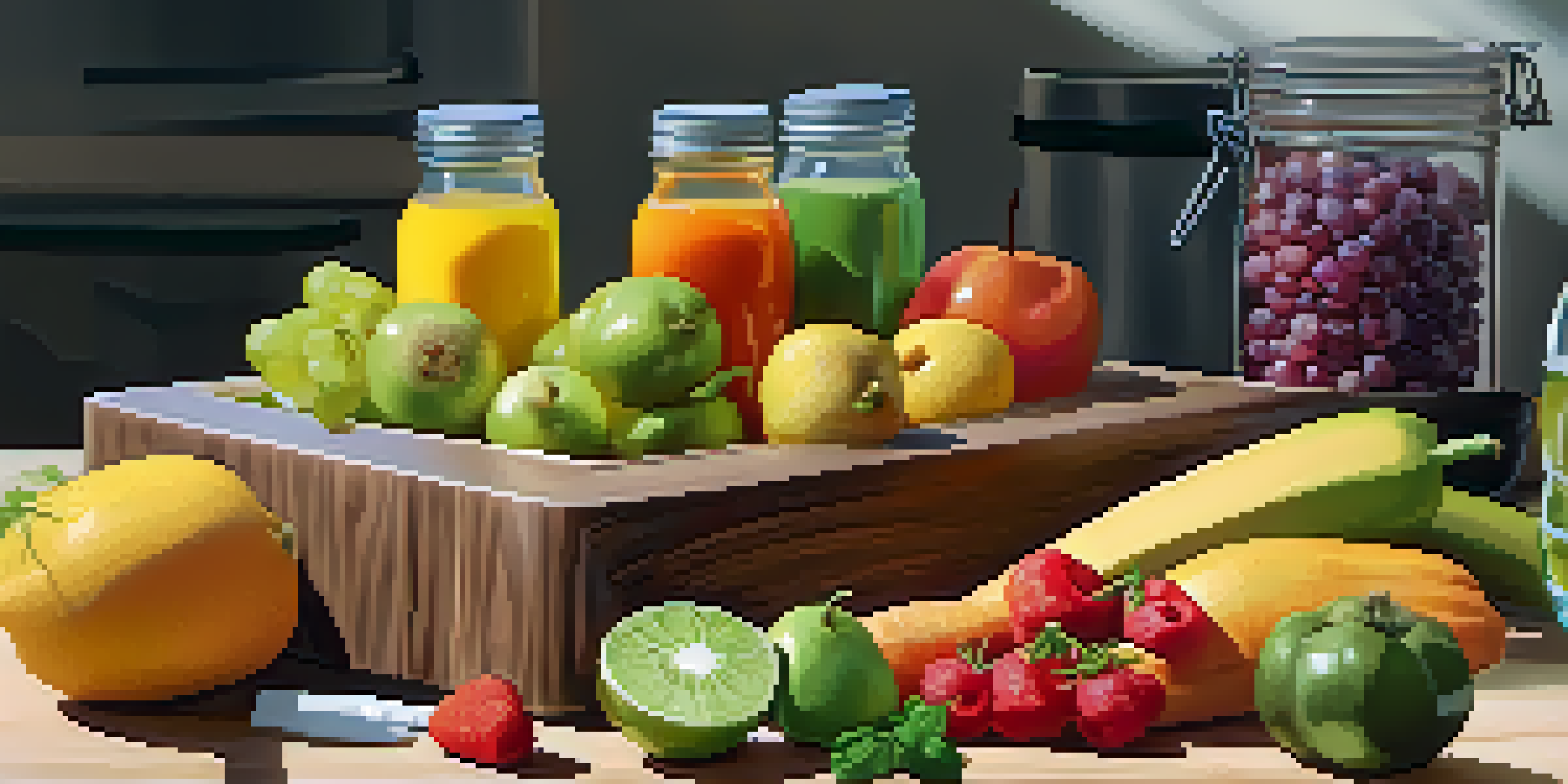 A vibrant display of fresh fruits and vegetables on a wooden cutting board in a bright kitchen.