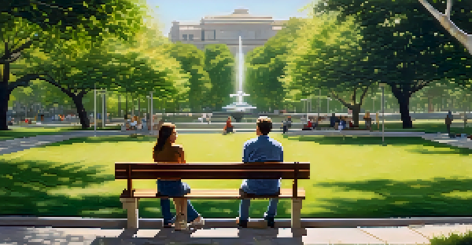 A person sitting on a park bench, actively listening to a friend in a serene green environment.
