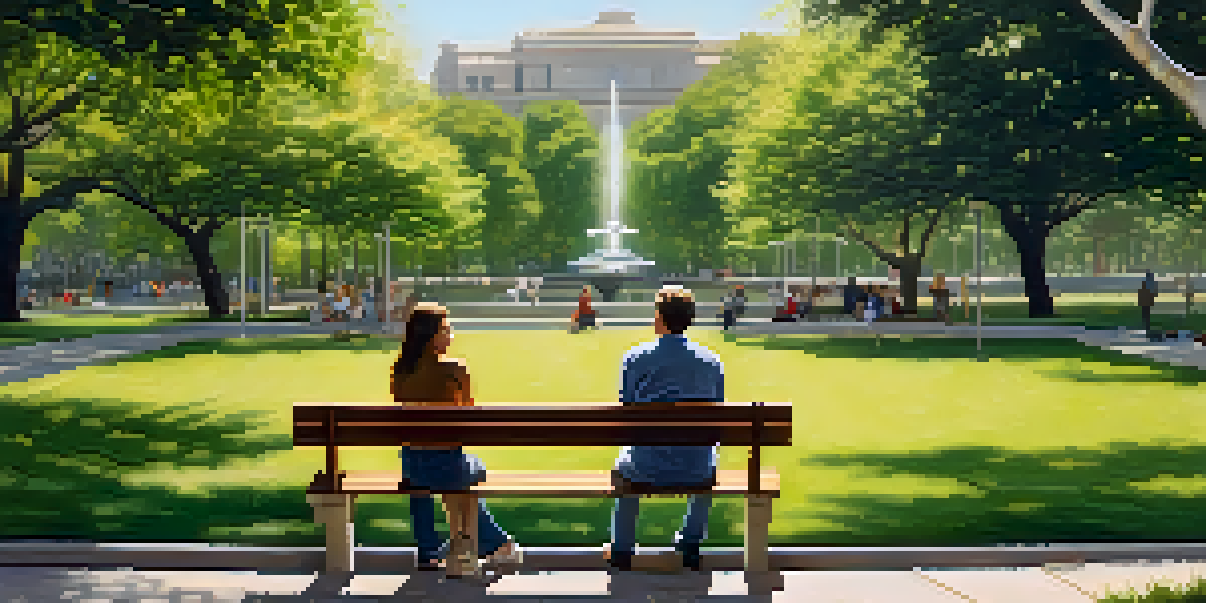 A person sitting on a park bench, actively listening to a friend in a serene green environment.