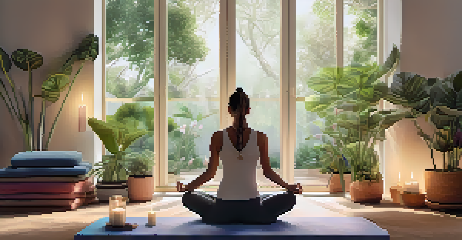 A tranquil meditation space with a person meditating, surrounded by soft lighting and a view of nature, promoting relaxation and mindfulness.