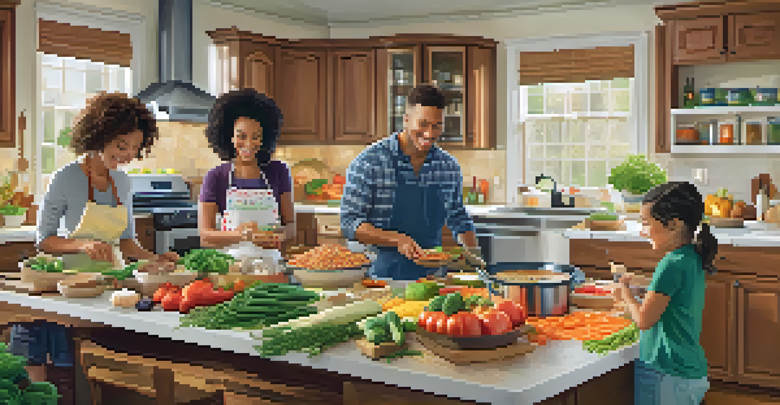 A family cooking together in a kitchen, preparing healthy freezer meals with fresh ingredients.