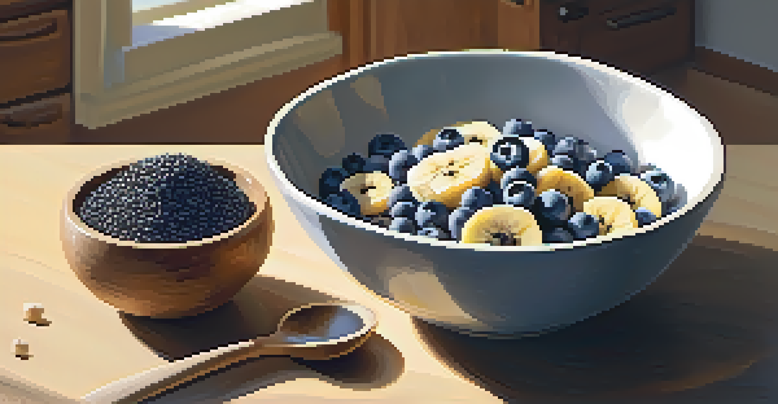 A close-up of a hand holding a bowl of vibrant superfoods with a wooden spoon beside it, set in a bright kitchen with sunlight streaming through the window.