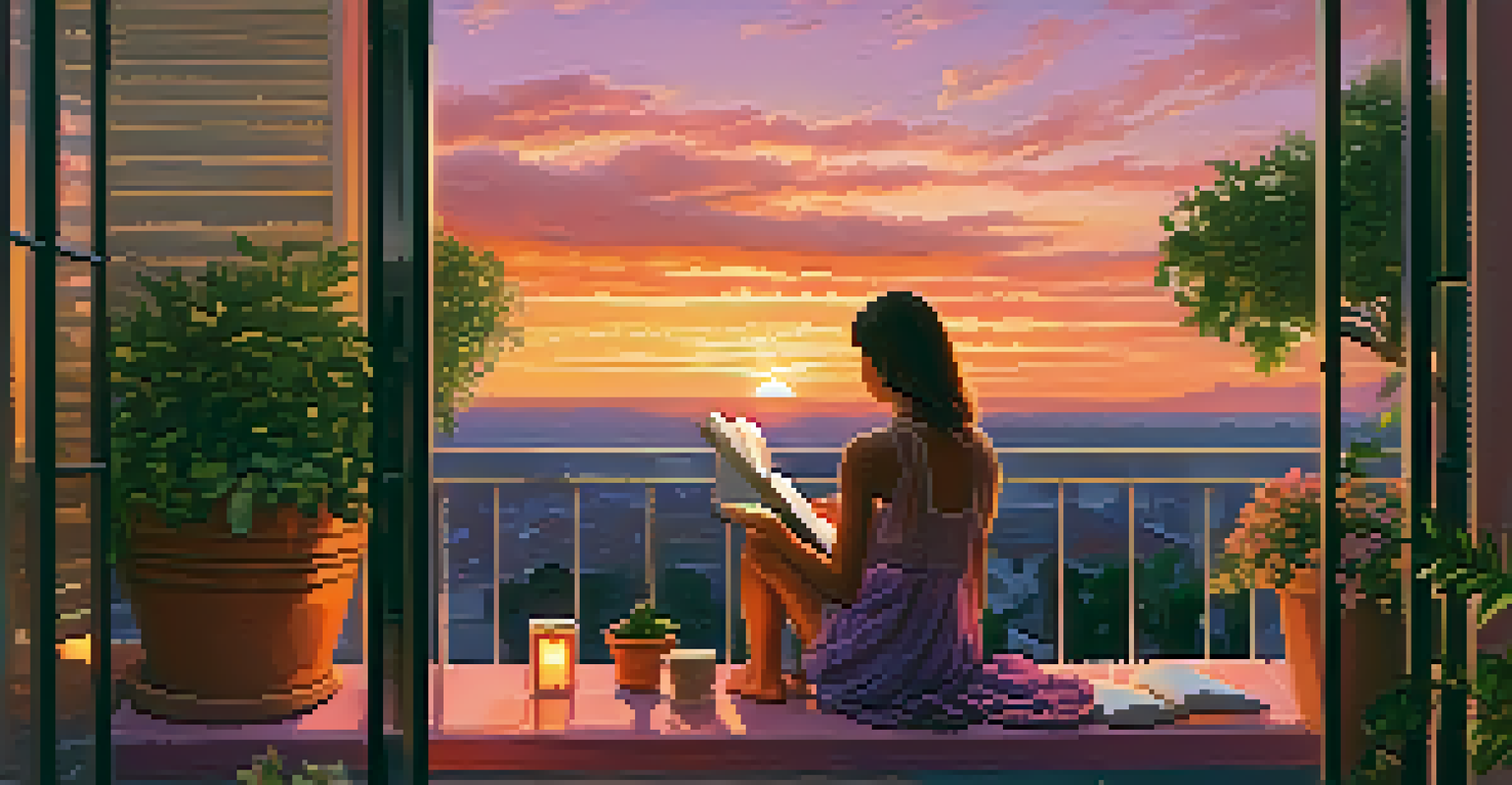 A person on a balcony at sunset, reflecting in a journal with colorful skies.