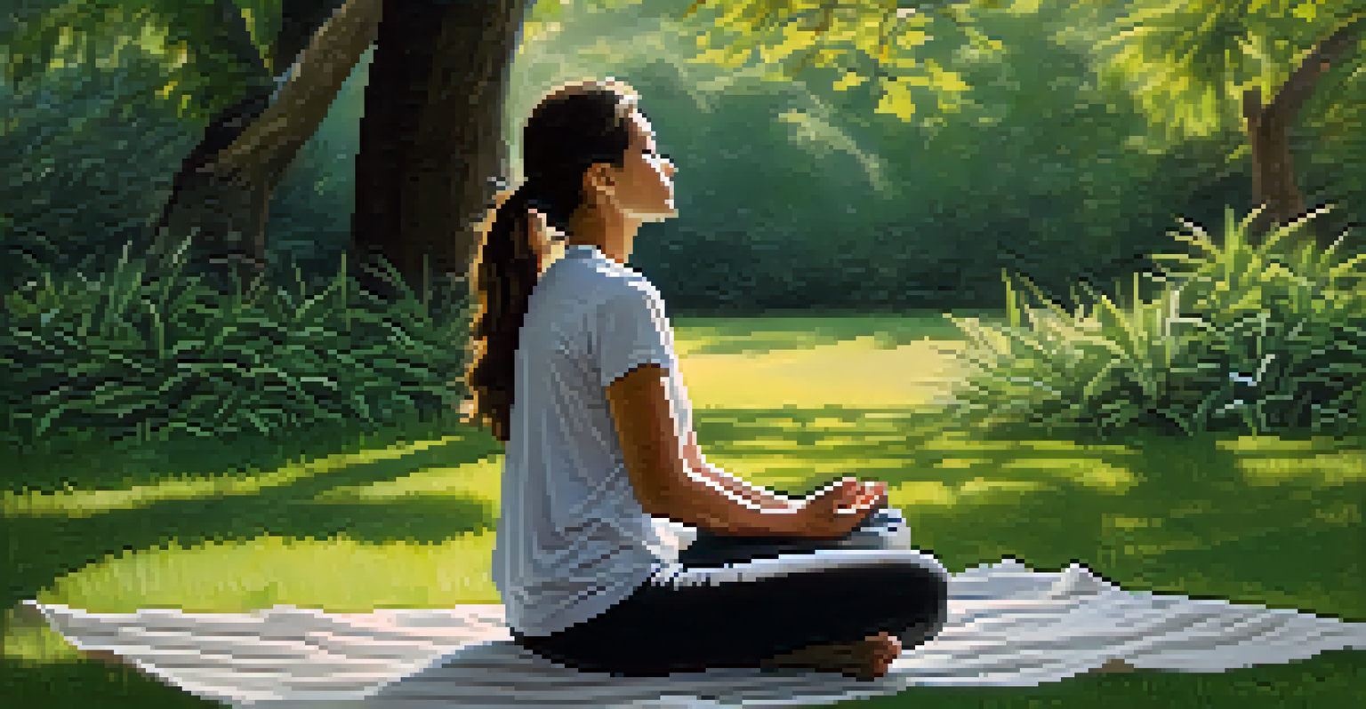 A person practicing mindful breathing outdoors, sitting cross-legged in a grassy area, surrounded by nature and displaying a calm expression.
