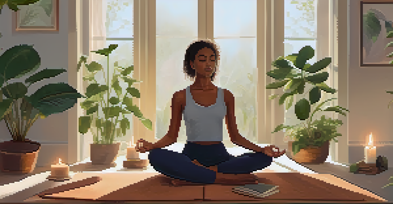 A woman practicing mindfulness in a tranquil indoor setting, surrounded by plants and candles.
