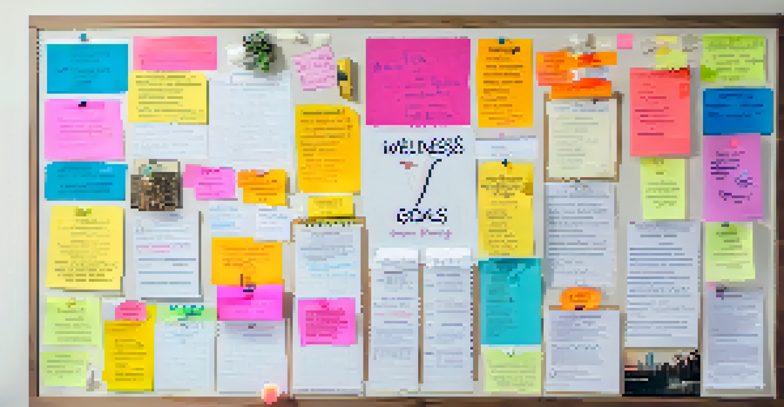 A colorful vision board showcasing wellness goals and biohacking experiments, surrounded by sticky notes and motivational quotes.