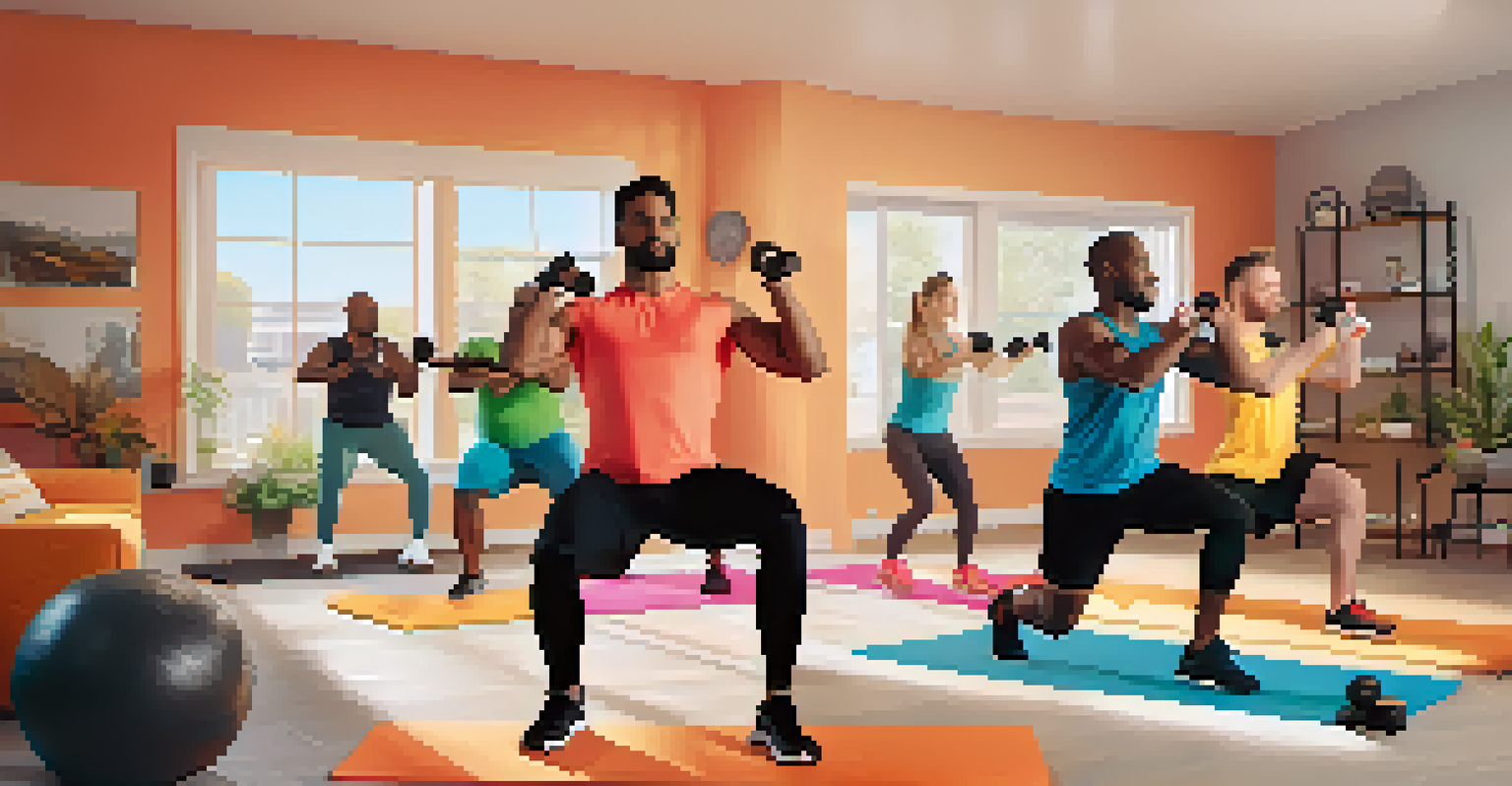 Diverse men participating in a virtual workout session using a fitness app in their homes, showcasing various exercises.