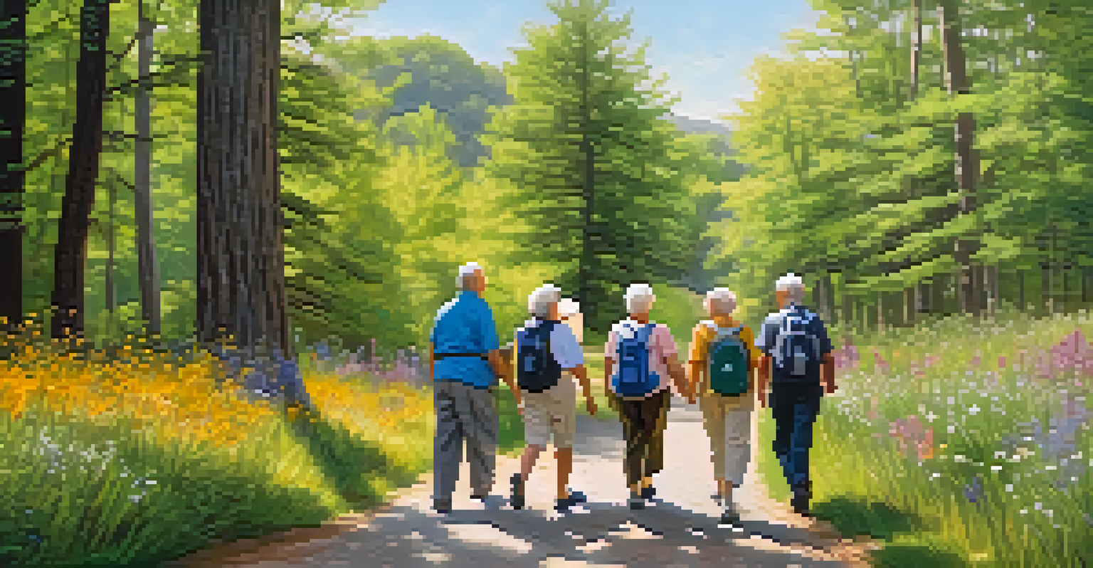 Seniors walking together on a sunny hiking trail, surrounded by trees and wildflowers, emphasizing the benefits of exercise and social interaction.