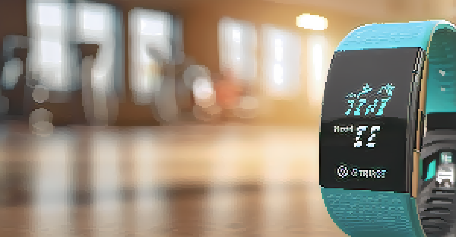 A close-up of a fitness tracker showing health metrics, set against a blurred gym background with weights and exercise equipment.