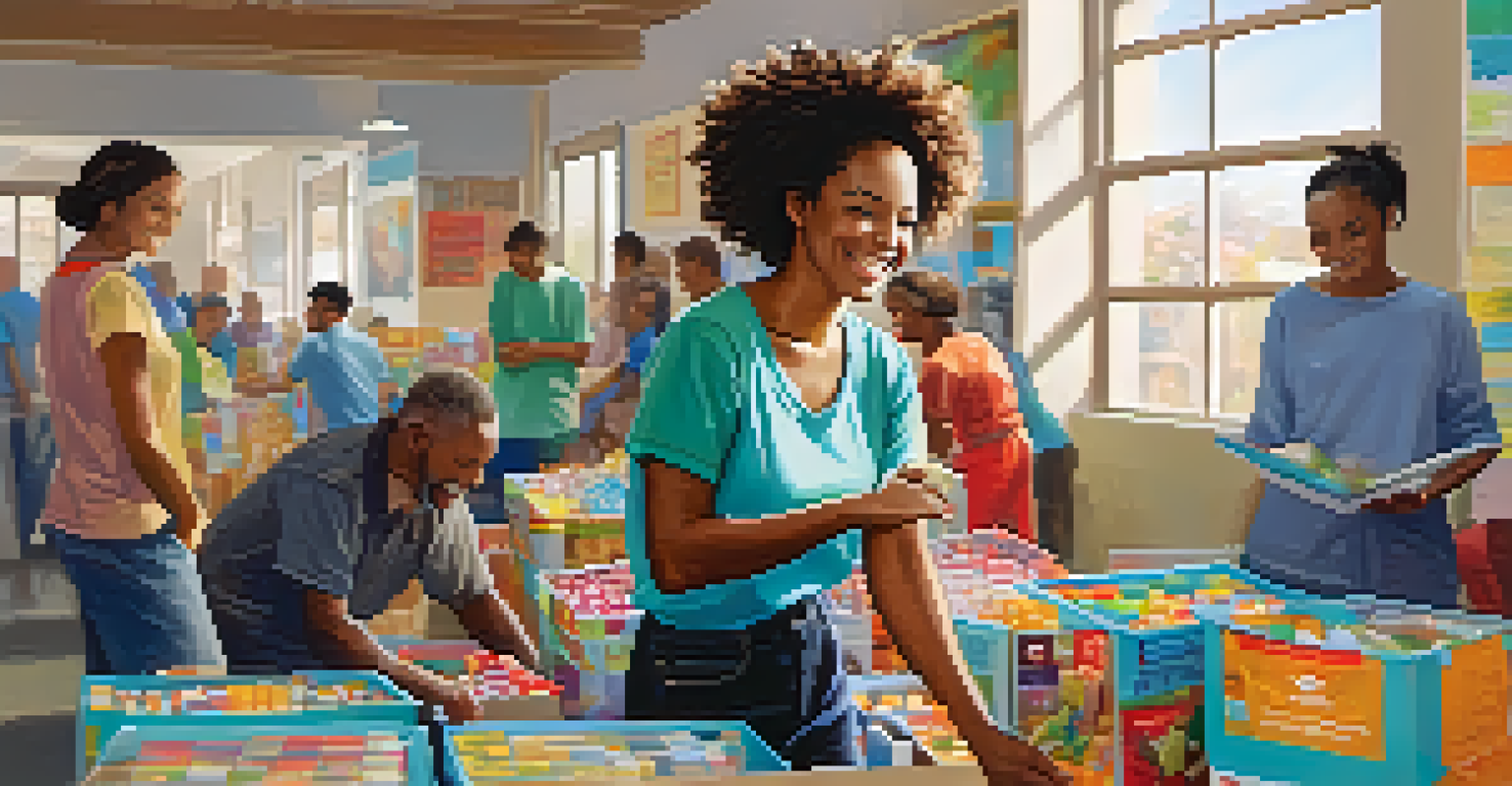 A woman volunteering at a shelter, smiling while helping organize supplies in a bright room.