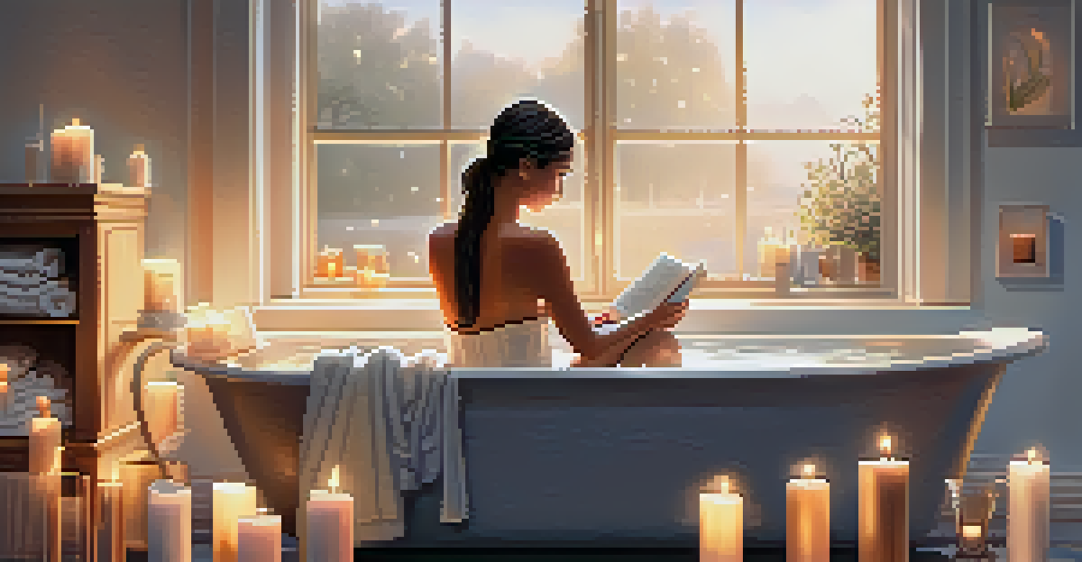 A relaxing bathroom scene with a bubble-filled bathtub, candles, and a person reading a book, creating a serene atmosphere.
