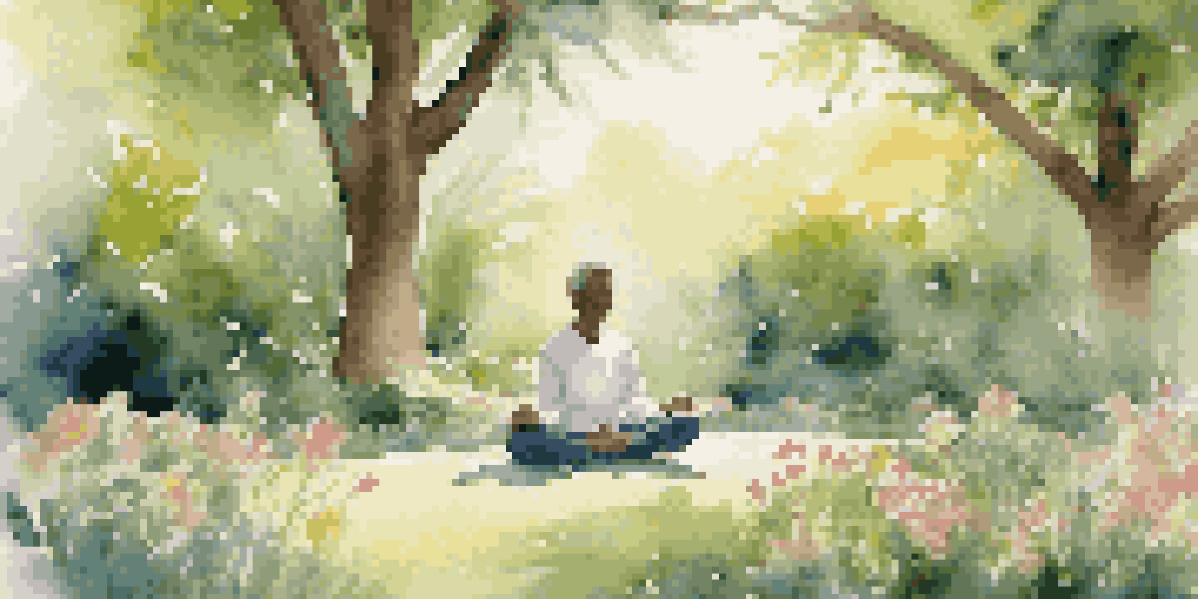 A person sitting cross-legged in a peaceful garden, surrounded by flowers and greenery, practicing mindfulness.