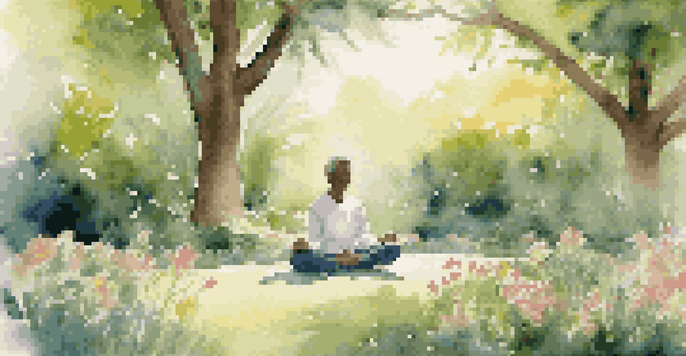 A person sitting cross-legged in a peaceful garden, surrounded by flowers and greenery, practicing mindfulness.