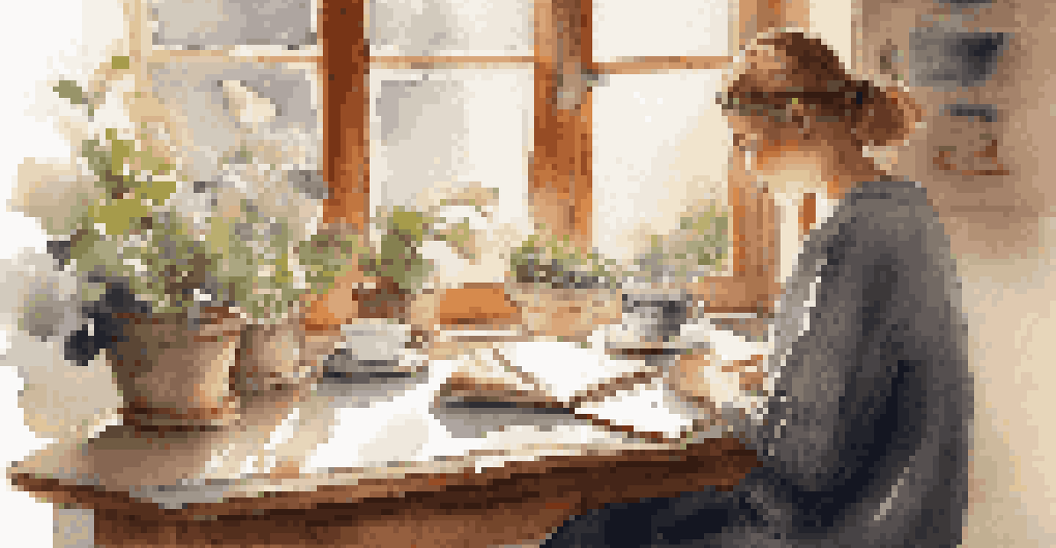 A person journaling at a wooden desk with a cup of tea, surrounded by a cozy atmosphere filled with natural light and greenery.
