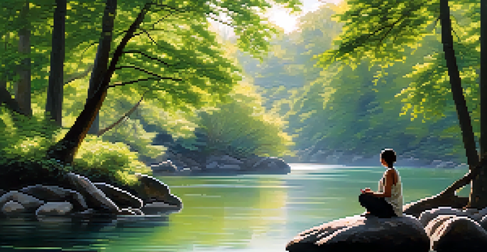 A person meditating on a rock by a river, surrounded by trees and greenery, with soft sunlight creating a peaceful atmosphere.