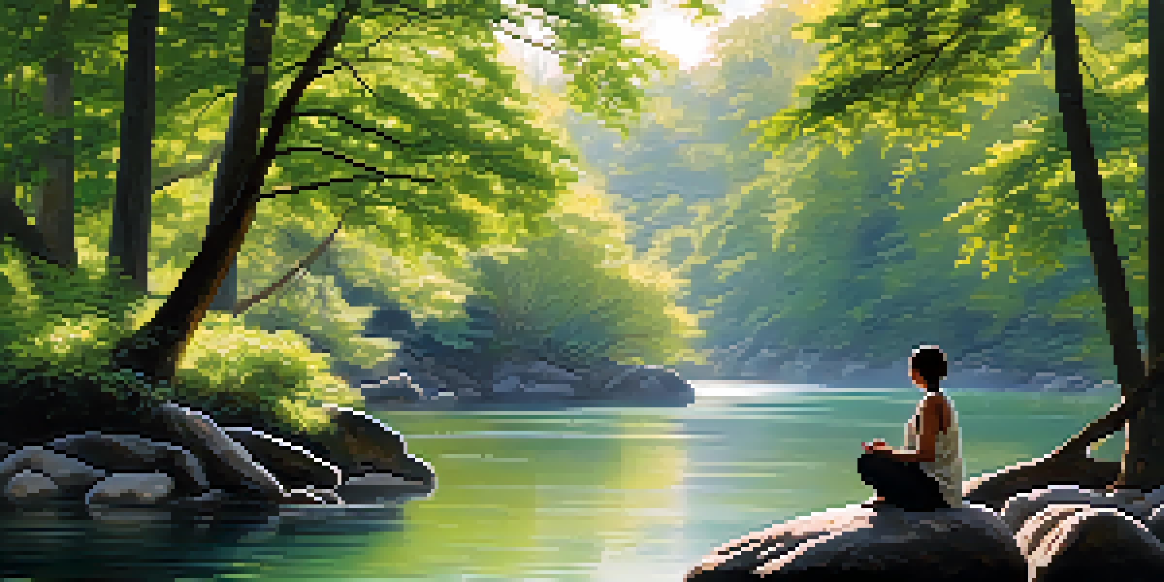 A person meditating on a rock by a river, surrounded by trees and greenery, with soft sunlight creating a peaceful atmosphere.